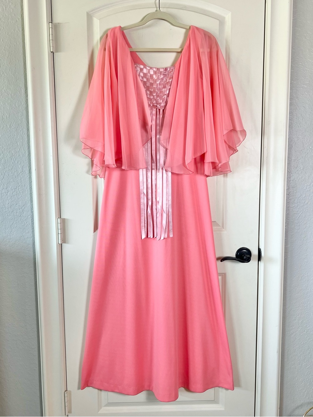 Vintage 70s Pink Chiffon Hostess Dress | Angel Wing Sleeves & Ribbon Bodice Gown